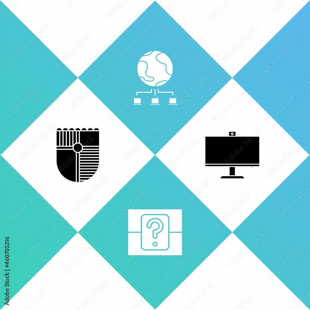 Poster set shield for game, mystery random box, computer network and monitor icon. vector