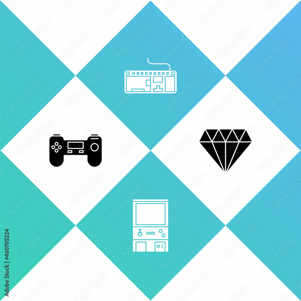 Aufkleber set gamepad, retro arcade game machine, computer keyboard and diamond icon. vector
