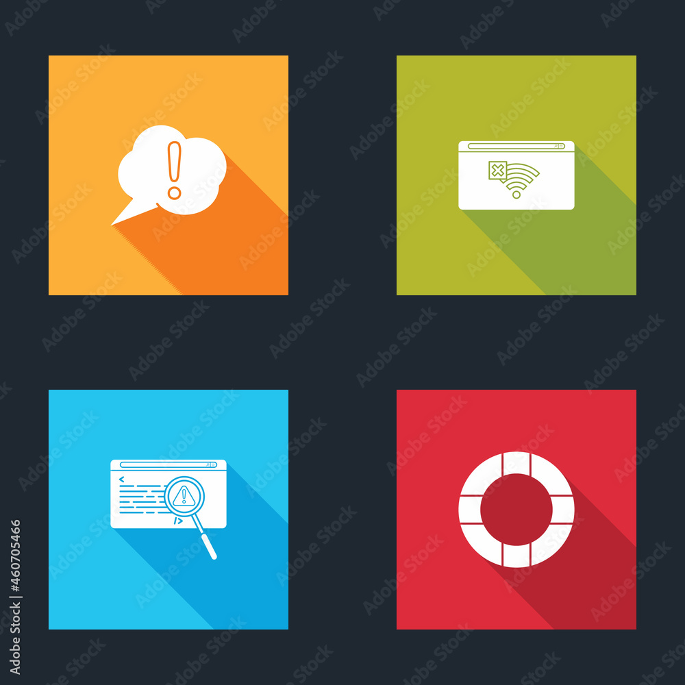 Poster set speech bubble exclamation, no internet connection, system bug concept and lifebuoy icon. vector