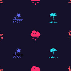 Set Sun protective umbrella for beach, Drought, Cloud with snow and Rooster weather vane on seamless pattern. Vector