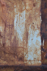 Old light blue painted grey rusty rustic rust iron metal frame background texture, vertical aged damaged weathered scratched framed plain paint patch plate, grunge pattern copy space macro closeup