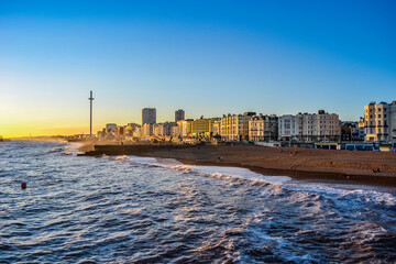 Brighton city and beach view at sunset