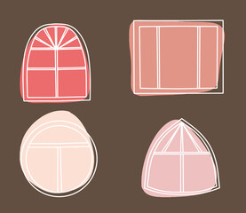Big panoramic window and beautiful abstract color spots, Collection of windows for princesses. Cute windows for houses. Vector illustration in modern doodle style