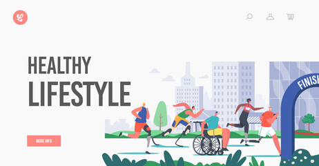 Healthy Lifestyle Landing Page Template. Disabled Athletes Run City Marathon, Sportsmen on Wheelchair or Leg Prosthesis