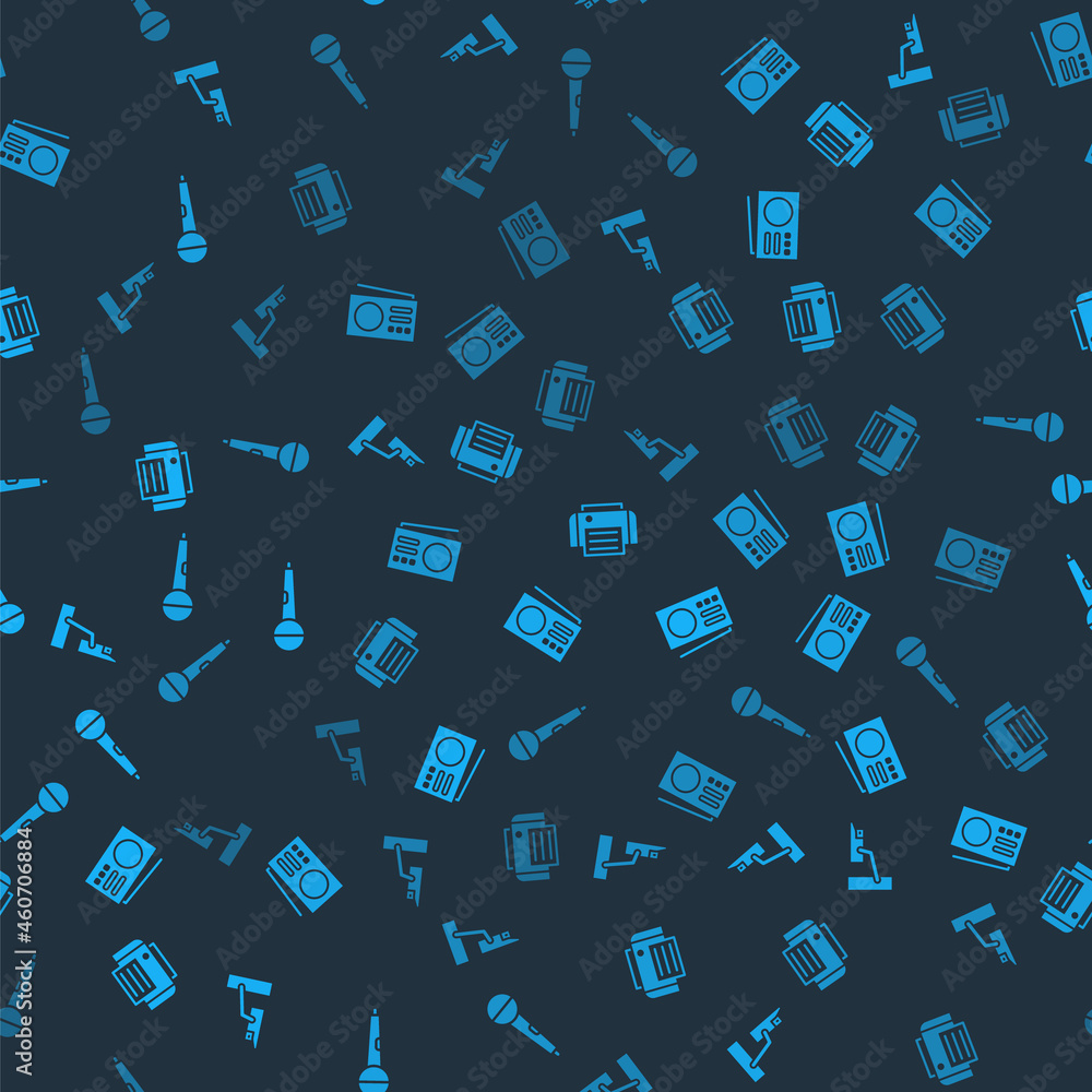 Poster set security camera, radio, printer and microphone on seamless pattern. vector