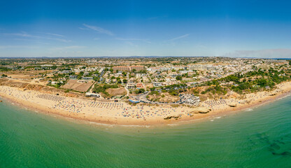 Panoramic aerial view of Praia Da Gale beach, near Albufeira and Armacao De Pera, Algarve, Portugal