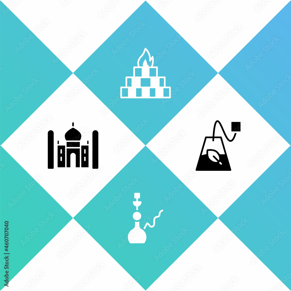 Poster set taj mahal, hookah, yagna and tea bag icon. vector