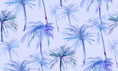Fototapeta na wymiar Subdued tropics on a lilac pattern with coconut trees painted in watercolor for textiles and surface design