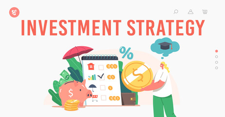 Investment Strategy Landing Page Template. Tiny Characters Collect Coins into Huge Piggy Bank for Education. Save Money