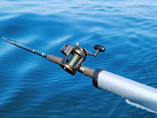 Fishing pole with reel in blue lake water - obrazy, fototapety, plakaty