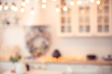 blurred background og  kitchen with lights for  christmas and new year - Image