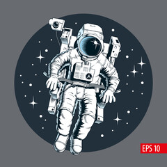 Astronaut flying with jetpack in outer space, stars on background. Comic style vector illustration. © ledokol.ua