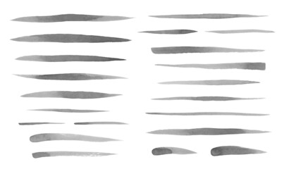Grey, gray watercolor, ink brush strokes set, collection. Uneven lines, stripes, underlines, doodle streaks, fusiform smears. Hand drawn watercolour design elements, text backgrounds, brushstrokes.