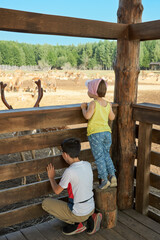 Enthusiastic children stand at the deer enclosure. The boy watches the deer through a gap in the fence, the baby stands on a stand and looks over the fence.