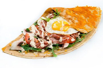 pancake with bacon and egg on a white background