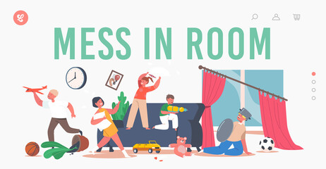 Mess in Room Landing Page Template. Naughty Children Fighting. Little Girls and Boys Playing, Kids Fight on Pillows