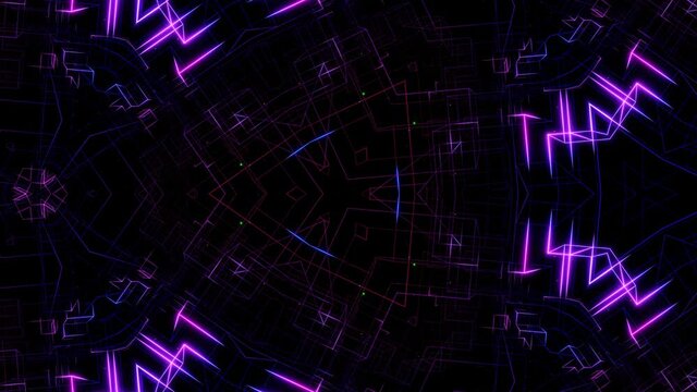 3d vj loop neon light kaleidoscope background. Glow lines symmetrical kaleidoscope structure. Modern bg with grid structure. Bright bg with neon glow.