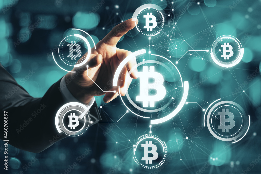 Poster Close up of male hand pointing at abstract glowing bitcoin hologram interface on blurry bokeh background. Cryptocurrency and blockchain concept. Double exposure.