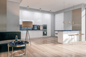 Modern white studio kitchen interior with wooden flooring and sunlight. 3D Rendering.