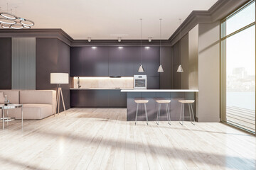 Modern black studio kitchen interior with wooden flooring, window with city view and sunlight. 3D Rendering.