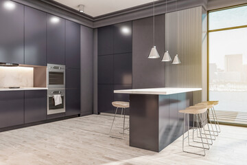 Modern black studio kitchen interior with wooden flooring, window with city view and sunlight. 3D Rendering.