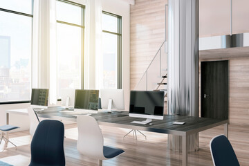Bright two-storey coworking office interior with windows, city view, curtains, daylight, furniture and equipment. 3D Rendering.