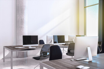 Modern coworking office interior with windows, city view, curtains, daylight, furniture and equipment. 3D Rendering.