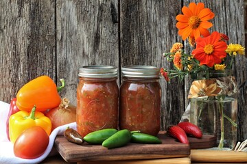 home canned salsa on a rustic wood background - obrazy, fototapety, plakaty