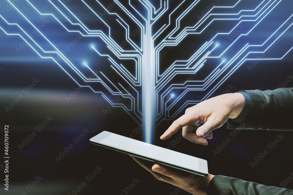 Poster close up of hand pointing at tablet with abstract circuit tree on dark blue background. future, tech