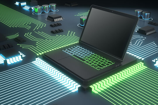 Abstract circuit built in empty laptop computer screen on green hardware background. Technology, software and equipment concept. Mock up, 3D Rendering.