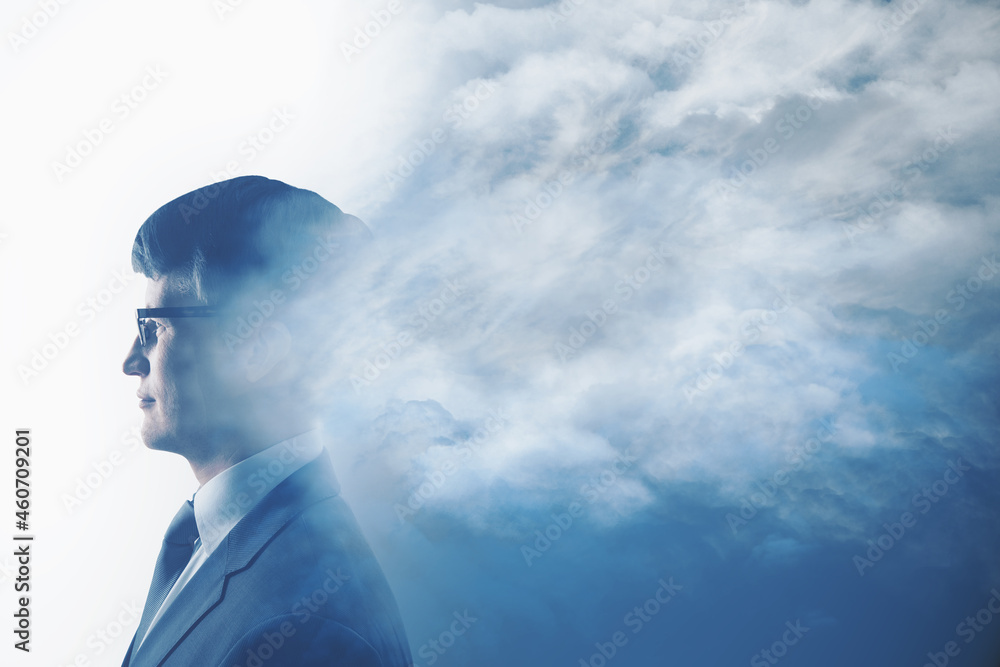 Poster cloud headed businessman standing on abstract white background with mock up place. art and inspirati