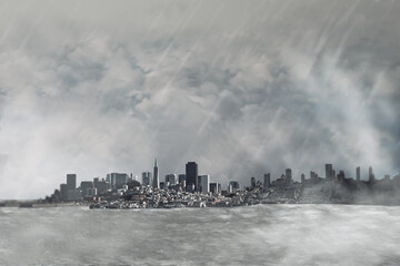 Abstract dull city background with gray clouds and mock up place. View and architecture concept.