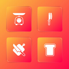 Set Scales, Meat chopper, Cutting board and knife and Bread toast icon. Vector