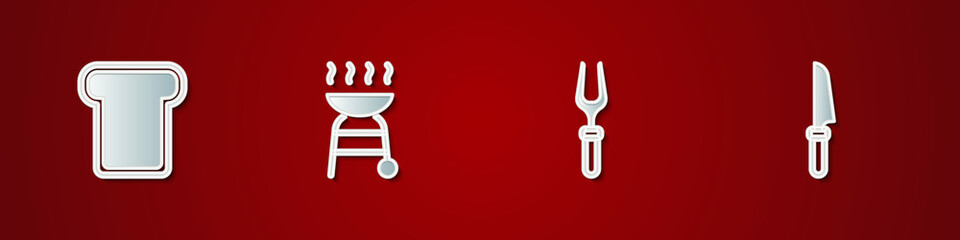 Set Bread toast, Barbecue grill, fork and Knife icon. Vector