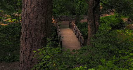 fable majestic wanderlust scenery place of country side park land with foot path and arch shape wooden bridge beautiful seasonal landscape photography soft morning lighting