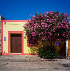 Fototapeta na wymiar View of a typical colorful house of Linosa, colored with red and yellow .
