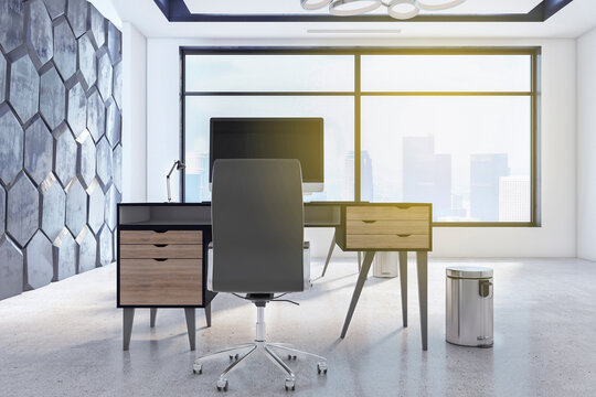 Light small office interior with furniture, decorative hexagonal wall and window with city view. 3D Rendering.