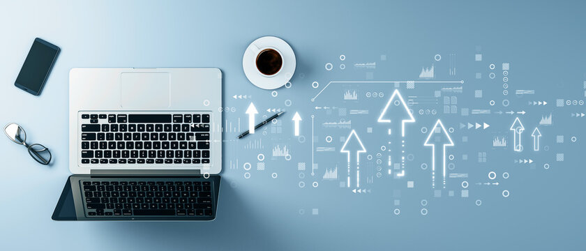 Top view of laptop on desktop background with abstract business chart interface with upward arrow. Finance, technology and network concept. 3D Rendering.