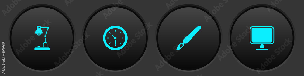 Poster set table lamp, clock, paint brush and computer monitor icon. vector
