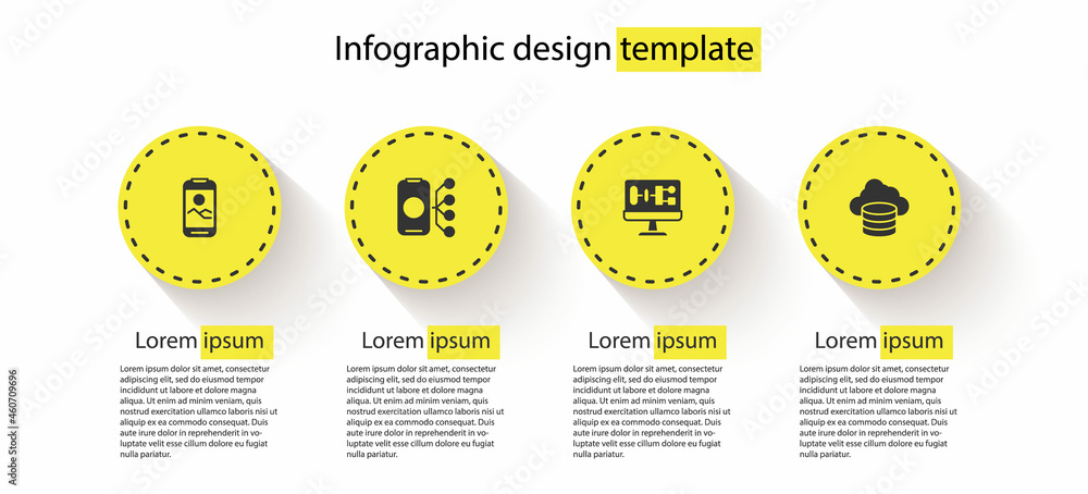 Poster set mobile phone, neural network, algorithm and cloud database. business infographic template. vecto