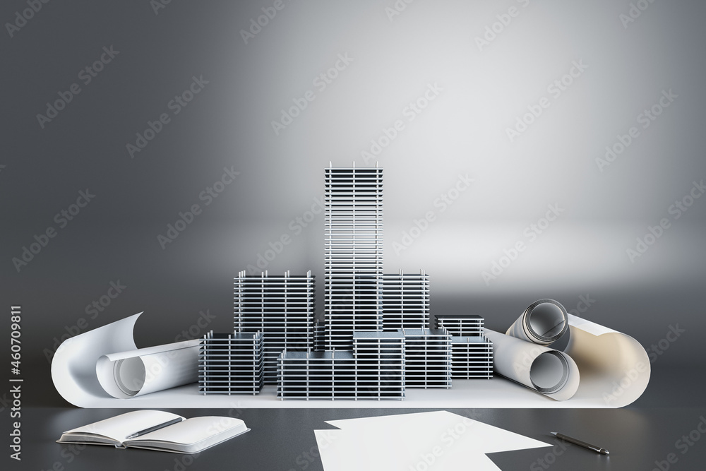 Poster skyscraper project with paperwork on gray background. architecture and engineering concept. 3d rende