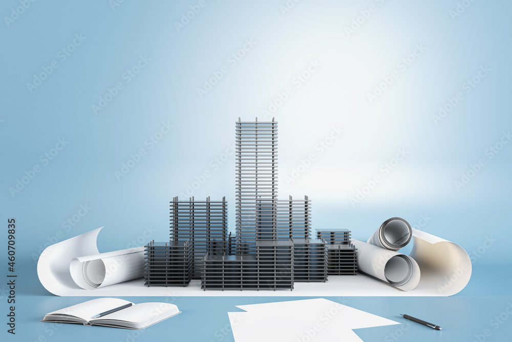 Poster skyscraper project with paperwork on blue background. architecture and engineering concept. 3d rende