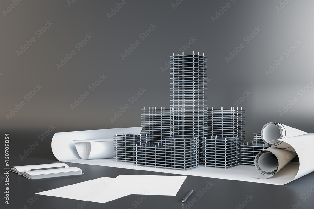 Poster skyscraper project with paperwork on gray backdrop. architecture and engineering concept. 3d renderi