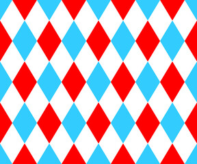 Harlequin seamless pattern. Circus background with with blue, red and and white rhombus. Clown, joker or jester masquerade ornament. Vector flat illustration.