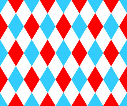 Harlequin seamless pattern. Circus background with with blue, red and and white rhombus. Clown, joker or jester masquerade ornament. Vector flat illustration.