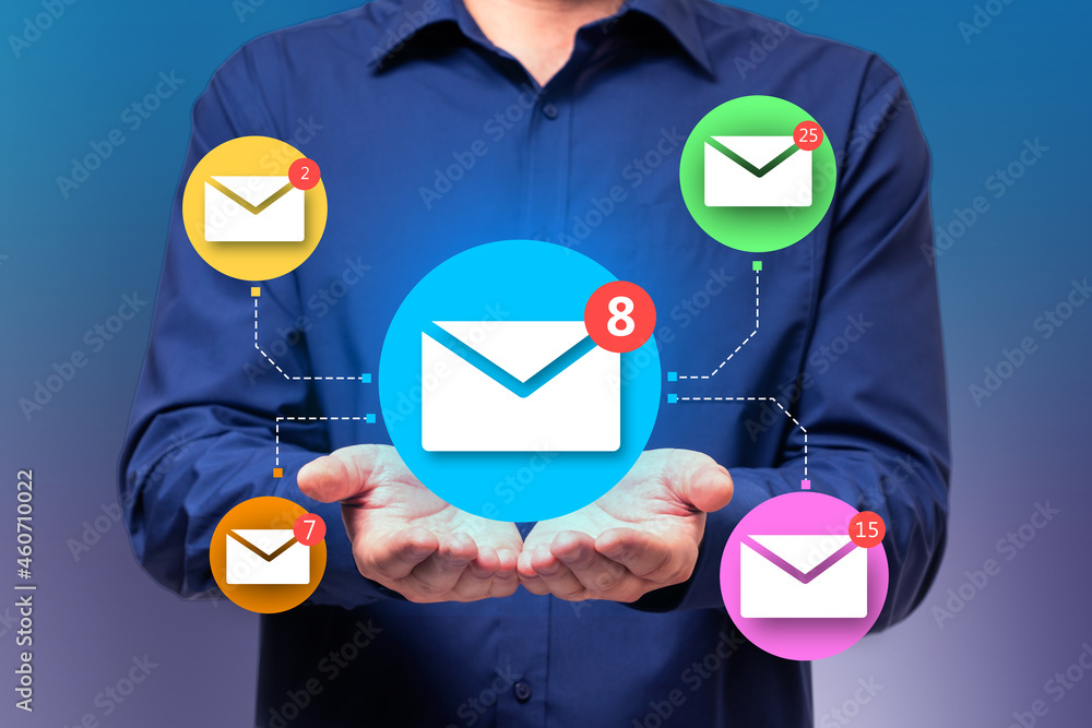 Aufkleber close up of businessman hand holding abstract email network on blue wall background. social networki