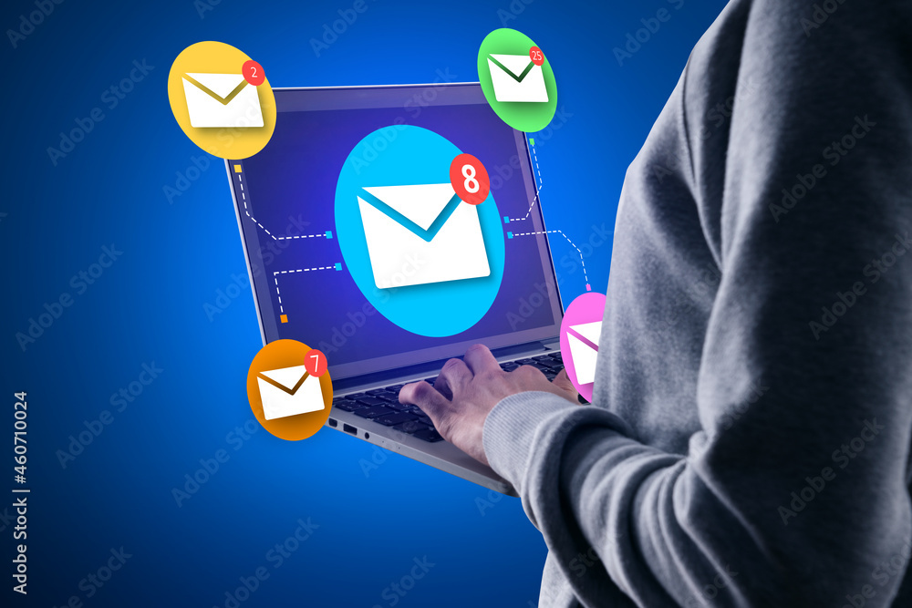 Aufkleber close up of businessman hand holding smartphone with abstract email network on blue wall background.