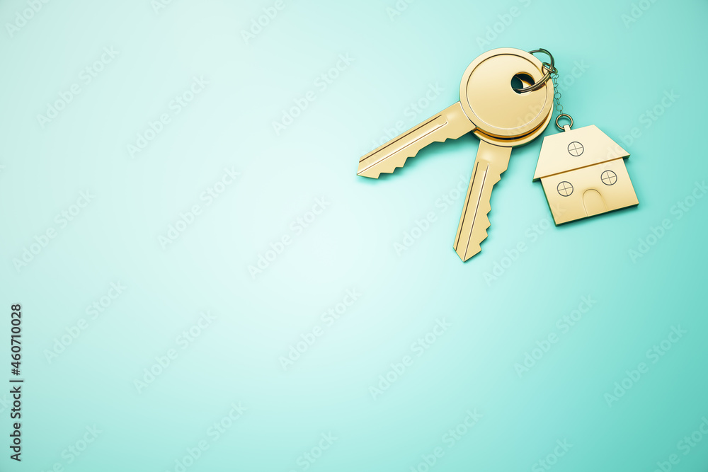 Poster close up of keys with house keychain on blue surface background with mock up place. real estate and 