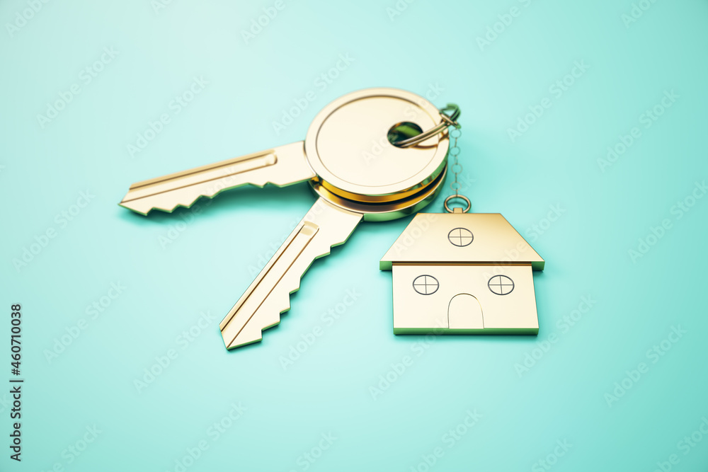 Poster Close up of keys with house keychain on blue surface background. Real estate and property concept. 3D Rendering.