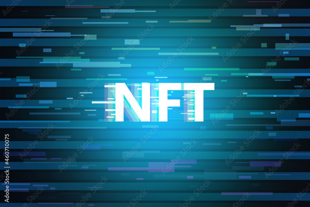 Poster creative glowing blue nft background. non-fungible token and cryptocurrency concept. 3d rendering.